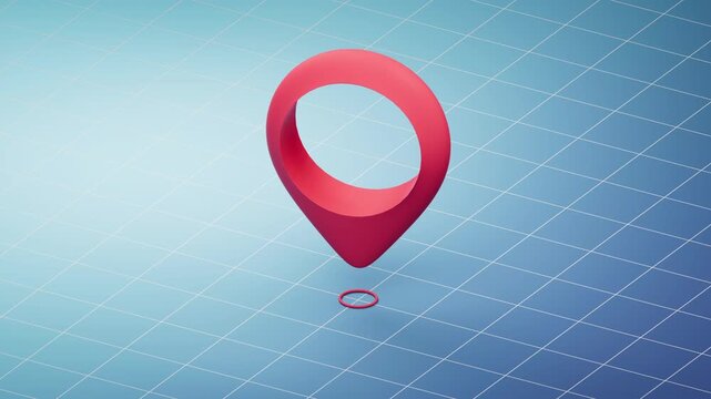 Isometric location pin icon bouncing on blue grid map background with dynamic motion