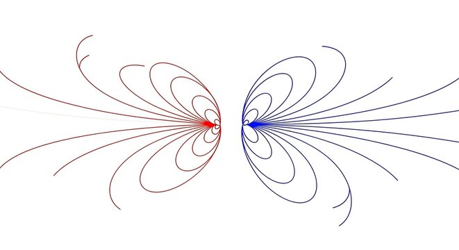Visualizing Magnetic Field Lines from Two Opposing Poles Emitting Red and Blue Charged Particles