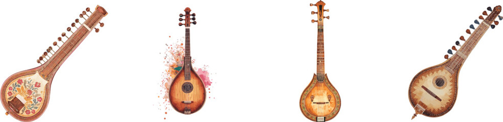 Watercolor set traditional Indian veena illustration. Isolated on white background