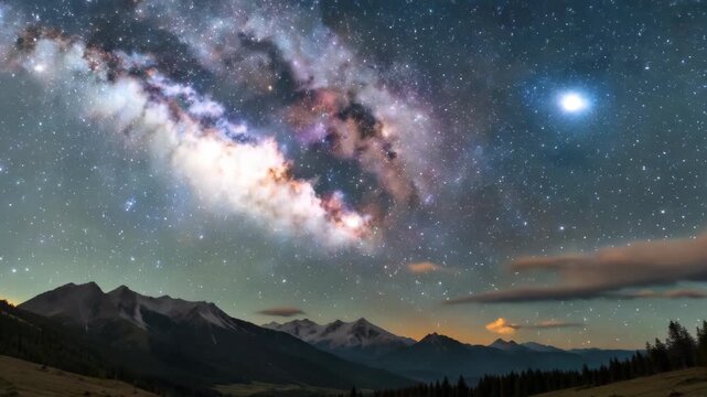 Mountain night sky, beautiful view of the Milky Way starry sky, mountains under the stars