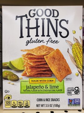 Wilmington, Delaware, U.S - Jan 20, 2026 - A box of Good Thins gluten-free corn and rice snacks flavored with spicy jalapeno and zesty lime