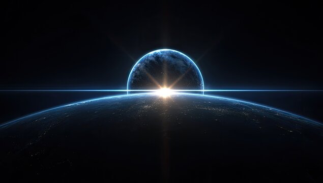 Glowing planet rising above a curved horizon, with beams of light piercing the dark sky