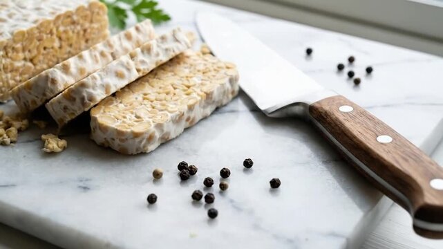 Sliced raw tempeh block on marble cutting board with knife and peppercorns for vegan cooking preparation