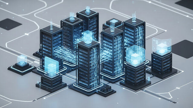 Futuristic cityscape with sleek skyscrapers and glowing blue circuits on a gray background, approximately 190 characters long