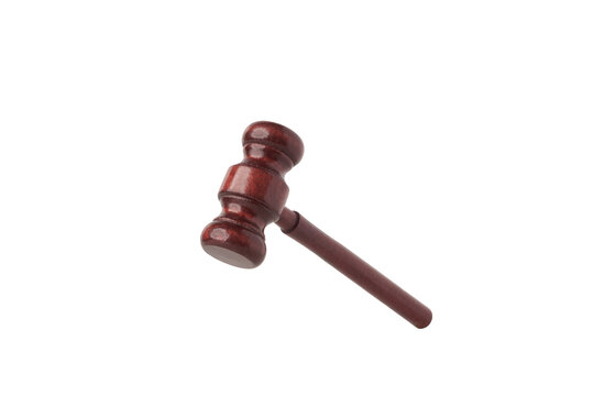 Judge's gavel hammer for adjudication isolated on white background. wooden auction hammer with a wooden stand. law and justice concept.