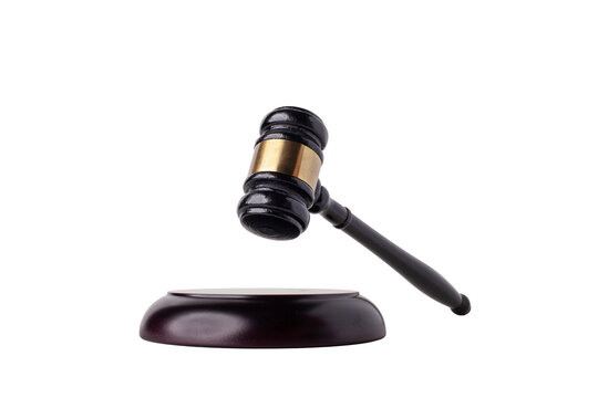 Judge's gavel hammer for adjudication isolated on white background. wooden auction hammer with a wooden stand. law and justice concept.