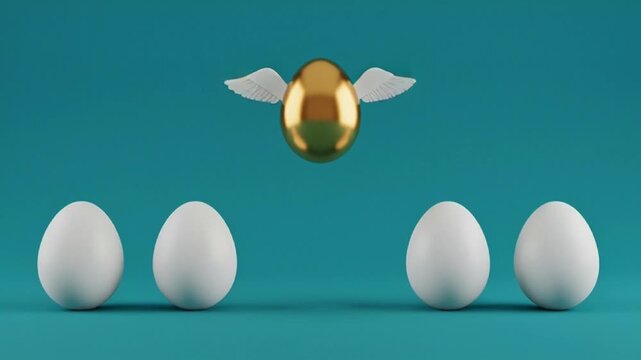Golden egg flying above white eggs on teal background