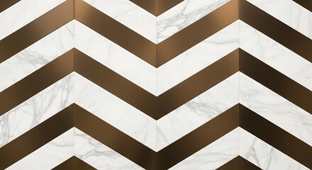 Chevron pattern design with white marble and gold metal accents for modern interior decor