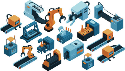 Obraz premium Industrial machinery and robotic equipment set isolated on white background, isometric factory automation illustrations for manufacturing, engineering, production design projects