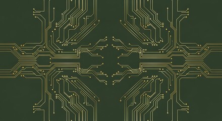 Abstract electronic circuit board pattern with intricate pathways on a dark green background, symbolizing technology and innovation