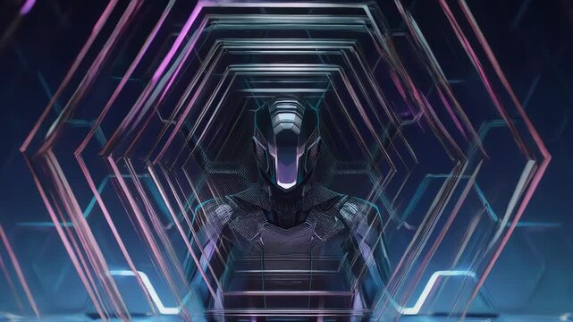 Figure within futuristic hexagonal tunnel with vibrant neon lighting