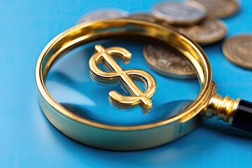 Golden dollar sign sits under a magnifying glass with coins, on a blue background