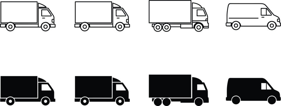 Set of cargo truck and delivery van icons in flat black and outline styles isolated on white background.
