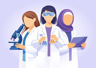 Illustration of diverse women scientists working in STEM fields, including laboratory research, technology, and science education. Flat vector design representing women empowerment, diversity, teamwor © barokzidane