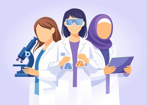 Illustration of diverse women scientists working in STEM fields, including laboratory research, technology, and science education. Flat vector design representing women empowerment, diversity, teamwor