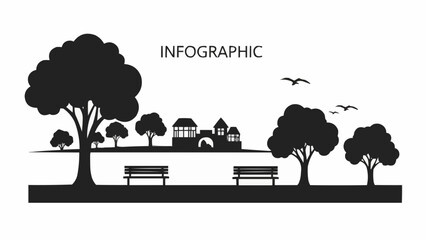 Infographic illustration of a park scene with trees and buildings.