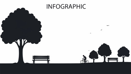 Infographic silhouette of a park scene with trees and a cyclist.