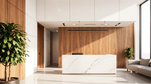 Modern lobby design showcasing a marble reception desk and wooden accents with plants