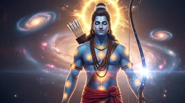 Ram Navami animated Lord Ram with cosmic galaxy background spiritual devotion meditation mythology motion video footage