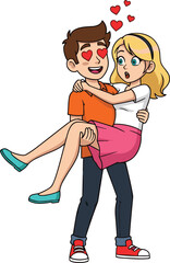 Romantic Cartoon Couple Illustration Showing Boy Carrying Girl with Heart Eyes, Cute Love Concept Artwork for Valentine, Relationship, Dating, and Playful Romance Design