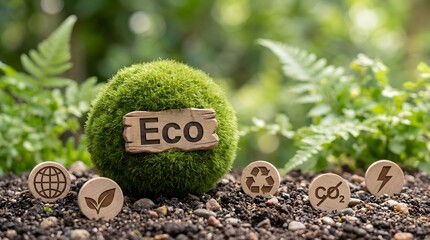 Eco sustainability concept with green moss sphere and environmental icons