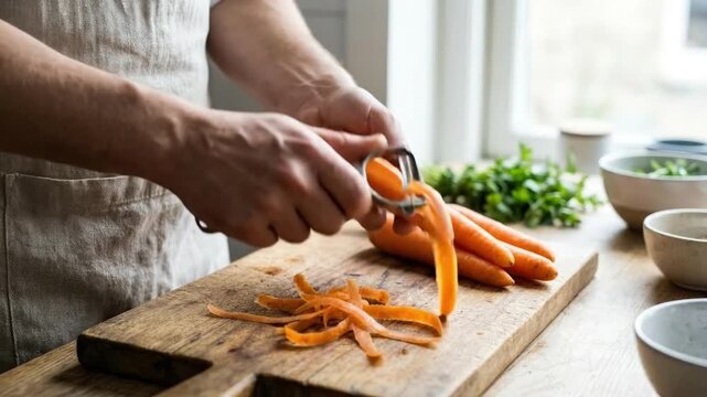 Close-up of male hands peeling fresh raw carrots with a metal peeler on a rustic wooden cutting board in a bright kitchen