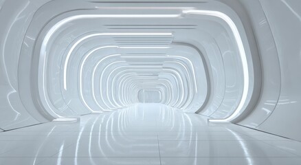 Obraz premium Futuristic tunnel bathed in bright white light, with curved walls and reflective flooring