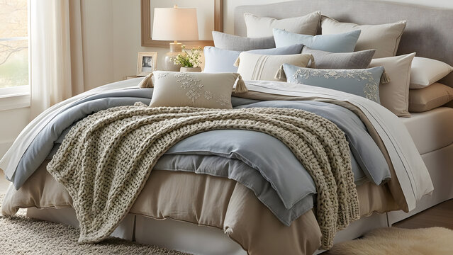 A beautifully decorated bed with neutral beige and blue linens featuring a thick knitted throw blanket and decorative accent pillows