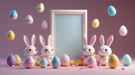 3D Chibi Easter Bunny Mockup with Blank Vertical Frame and Pastel Decorated Eggs