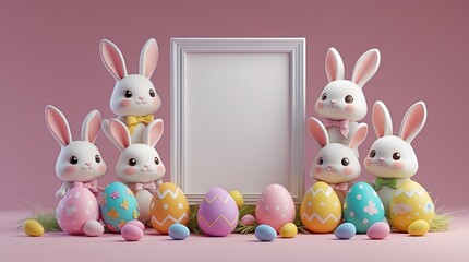 3D Chibi Easter Bunny Mockup with Blank Vertical Frame and Pastel Decorated Eggs