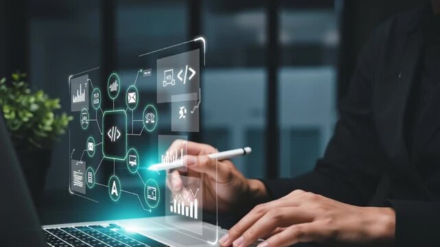 Software Developer Working on Futuristic Holographic Interface with Coding Symbols