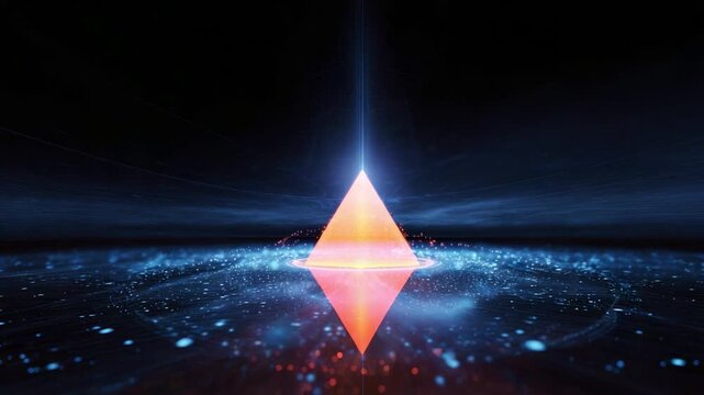 A captivating digital artwork showcasing a glowing pyramid emitting radiant light and surrounded by swirling particles, representing concepts of depth and energy.