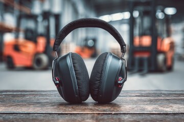 Black earmuffs resting on a rustic table, warehouse machinery in background