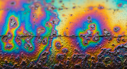 Obraz premium Iridescent rusted metal surface with vibrant rainbow colors and heavy corrosion. Macro shot of oxidized steel pipe with oil slick effect and textured pitting.