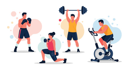 Fototapeta premium Set of people engaged in various fitness activities including boxing, weightlifting, and cycling, illustrating a healthy and active lifestyle.