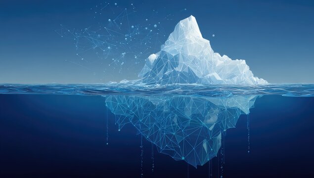 Artistic depiction of an iceberg, showing unseen depth and connectivity through digital lines