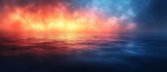 Obraz premium Fiery Orange and Blue Nebula Over Calm Ocean Surface space galaxy