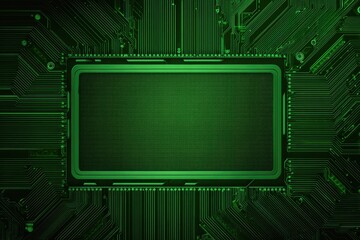 Glowing green electronic circuit board with a central screen-like area