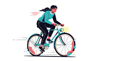 Fototapeta premium Young woman in casual clothing rides a bicycle with the headlight on, depicted in a modern flat vector illustration.