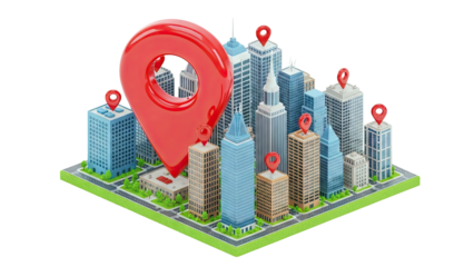 Cityscape with Giant Red Location Pin and Markers