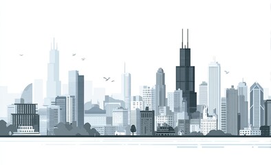 Fototapeta premium Graphic cityscape illustration depicting a modern metropolis with diverse building structures