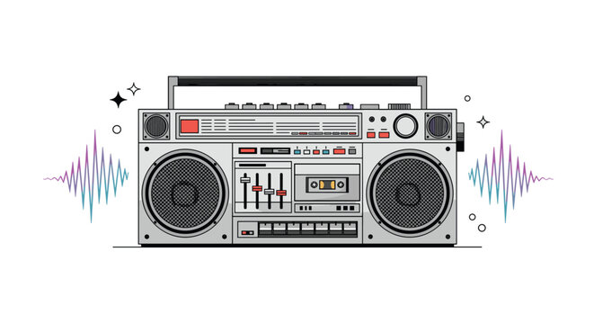 Detailed vector illustration of a vintage 1980s silver boombox with cassette player, equalizers, and colorful sound waves.