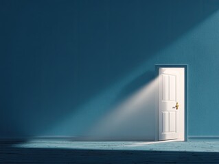Illuminated doorway in a dark room. Ray of light streams through a white door on a blue wall
