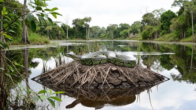 Wild Green Python Resting on Dry Mound in Lush Tropical Swamp