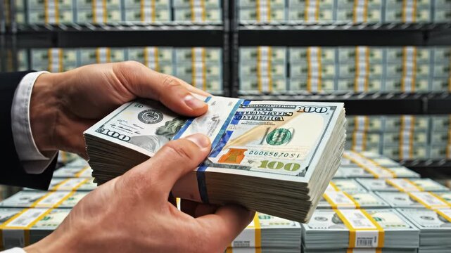 Hands holding stacks of US hundred dollar bills