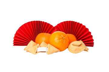 Chinese New Year decor: oranges, fans, cookies, isolated, PNG