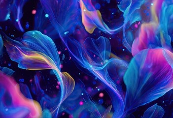 Obraz premium Close-up of flowing, ethereal abstract forms in vibrant blue, pink, and yellow hues against a dark backdrop