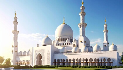Fototapeta premium White Mosque With Minarets And Domes Under Blue Sky In Minecraft Pixelated Building, Architectural Structure, Exterior