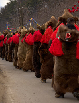 People dancing dressed in bearskin and folk costumes at the Comanesti Customs and Traditions Festival on December 30, 2025