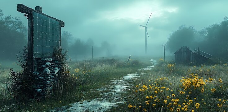 Misty rural landscape with solar panel, wind turbine, and weathered shed image photo